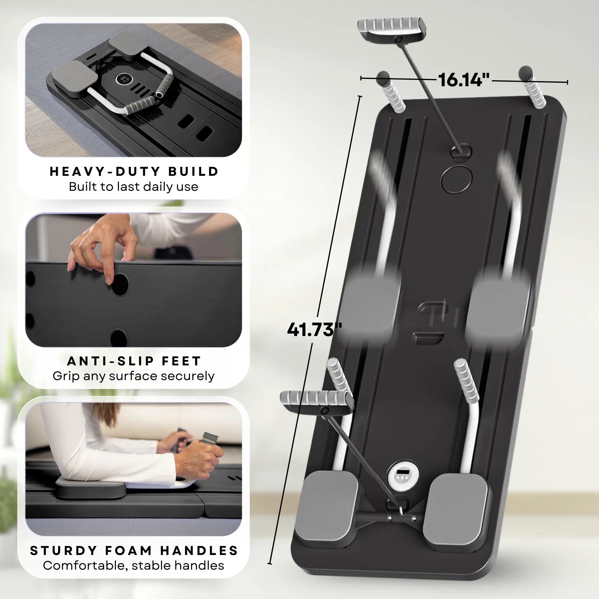 Multi exercice black foldable pilates board length and width dimensions . home pilates kit with characteristic with anti slip feet, material and sturdy foam handles on a light gray background