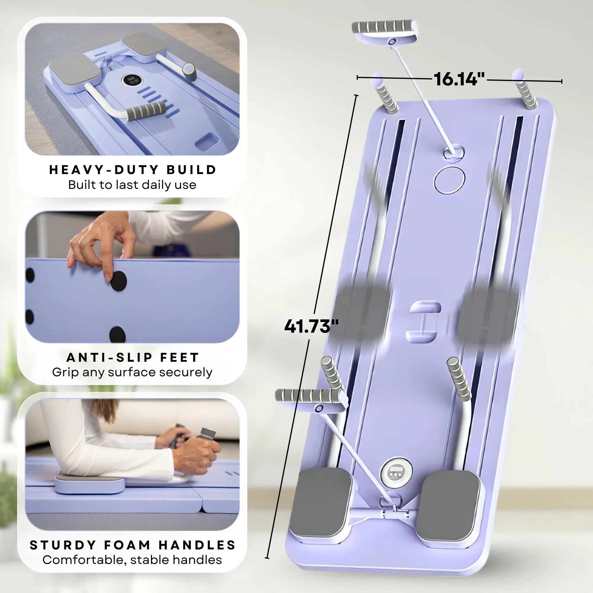 Multifunctional purple pilates board home kit with length and width dimensions  with anti slip feet, material and sturdy foam handles on a light gray background