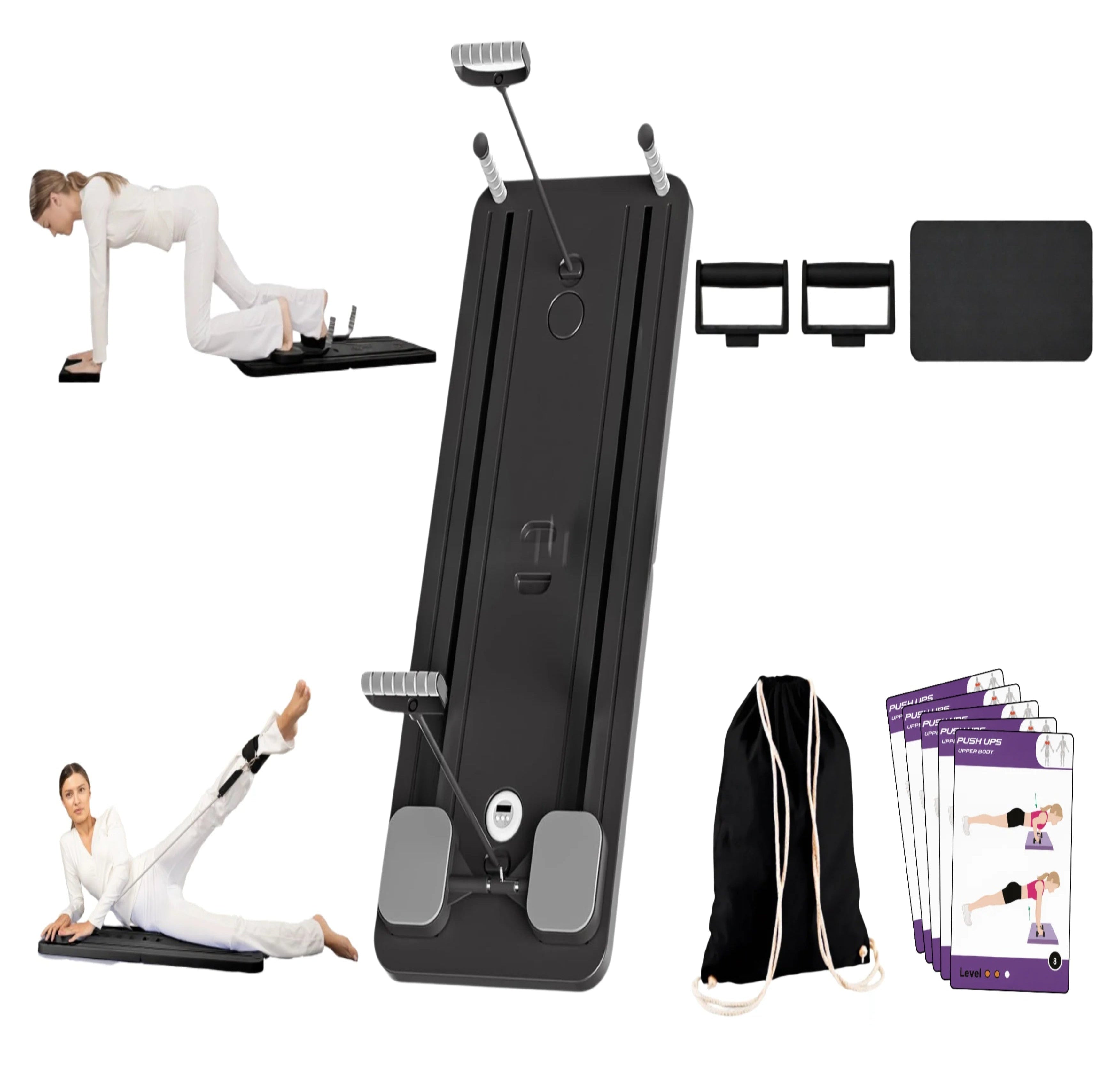 Black Pilates reformer board with accessories on a white background